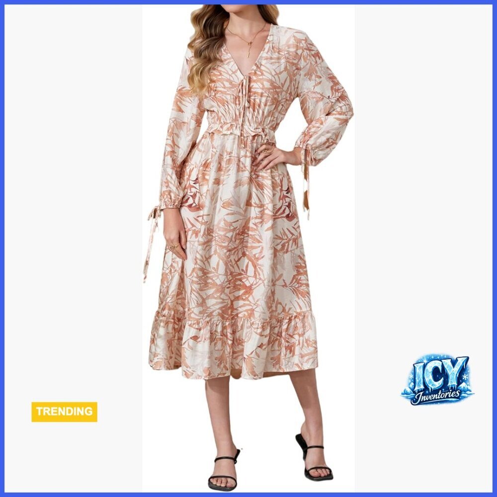 Empire Waist V-Neck Midi A-Line Dress with Pockets, Puff Sleeves